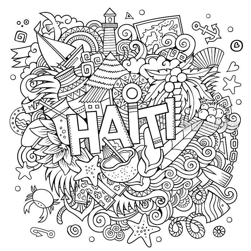 Haiti hand lettering and doodles elements background